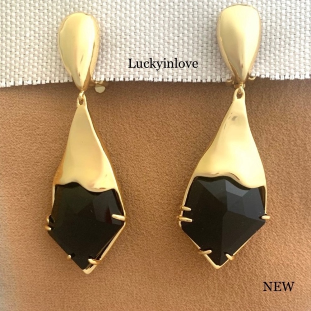 ALEXIS BITTAR Miss Havisham Fancy Liquid Metal Gold Black Stone Clip On Earrings
